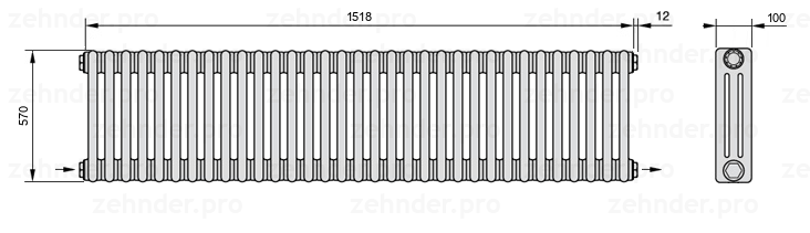 Схема (чертеж) Радиатор Zehnder Charleston 3057/33 №2670 Technoline TL